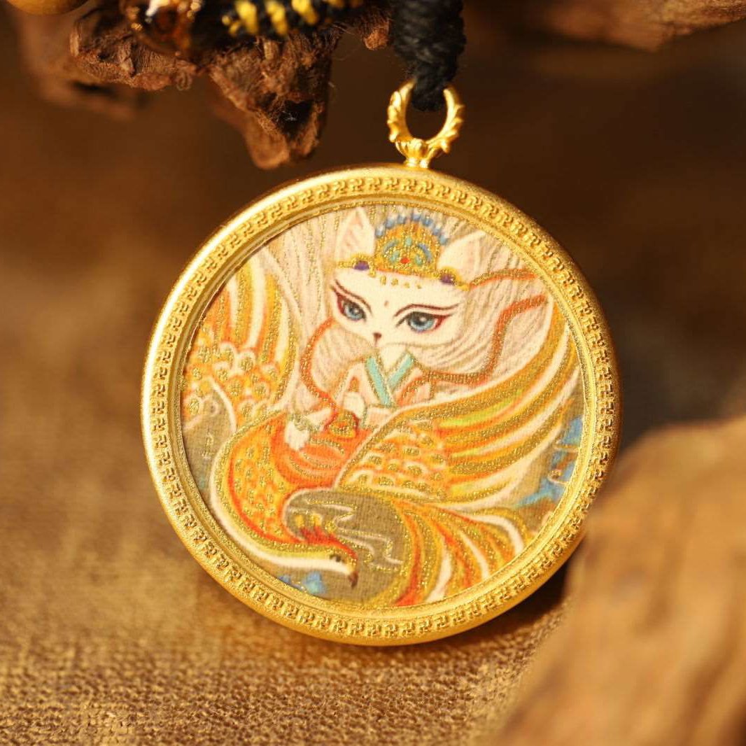 Thankg Buddha Brahma Mountain Fox Fairy Thangka Necklace- Circular Brass Pendant for Love and Prosperity - Thangka Buddha - Thangka Buddha