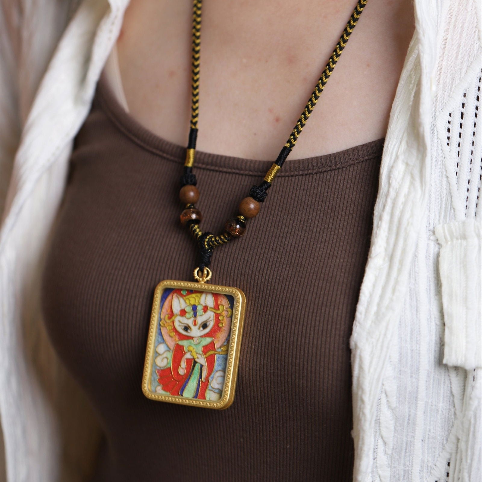 Thangka Buddha Hand-Painted Brahma Mountain Fox Fairy Thangka Pendant - Cloisonné Brass Necklace for Love and Prosperity - Thangka Buddha - 