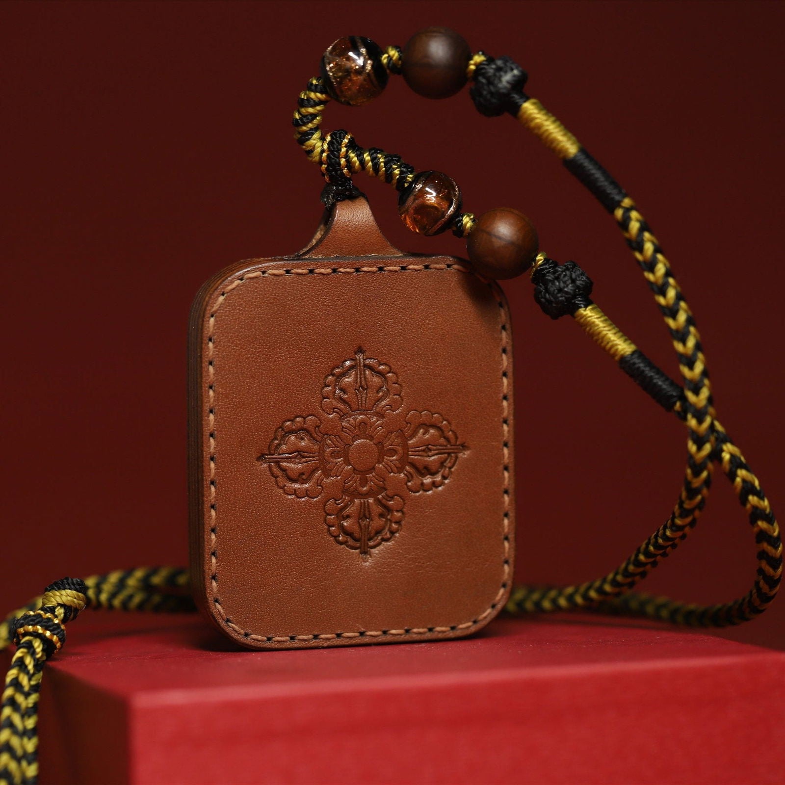 Thangka Buddha Auspicious Clouds Dragon WuYe Square Thangka - Brass Pendant in Leather Case for Wealth and Luck - Thangka Buddha - 