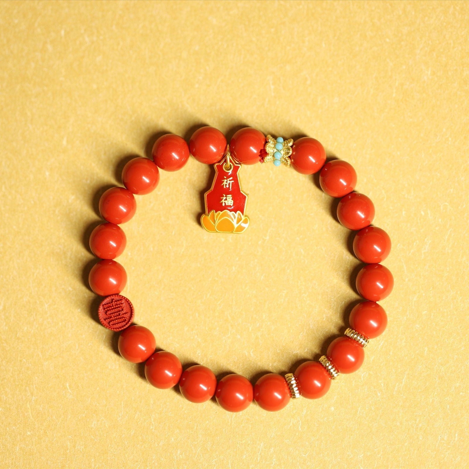 Thangka Buddha Cinnabar 'Peace and Joy' Bracelet with Mount Wutai Charm - Thangka Buddha - 