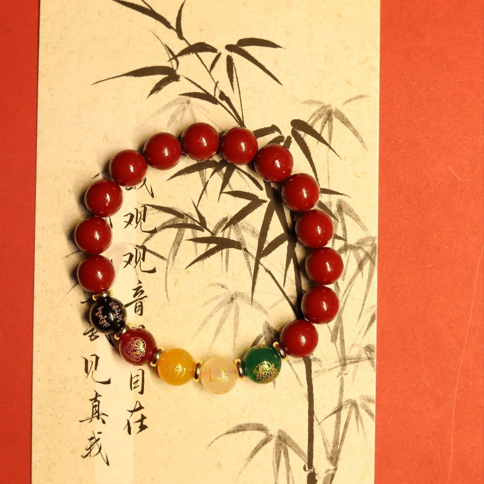 Thangka Buddha Five Directions Wealth Gods Cinnabar and Agate Bracelet for Prosperity - Thangka Buddha - 