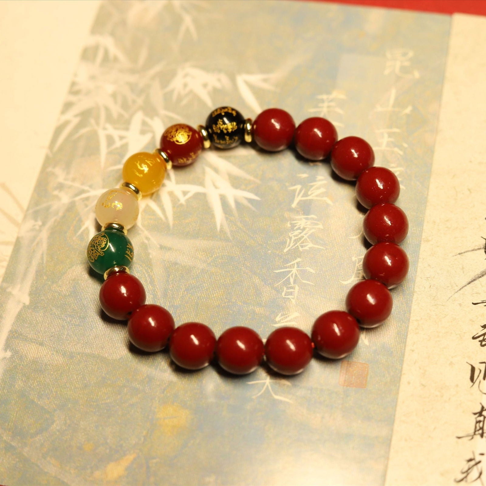 Thangka Buddha Five Directions Wealth Gods Cinnabar and Agate Bracelet for Prosperity - Thangka Buddha - 