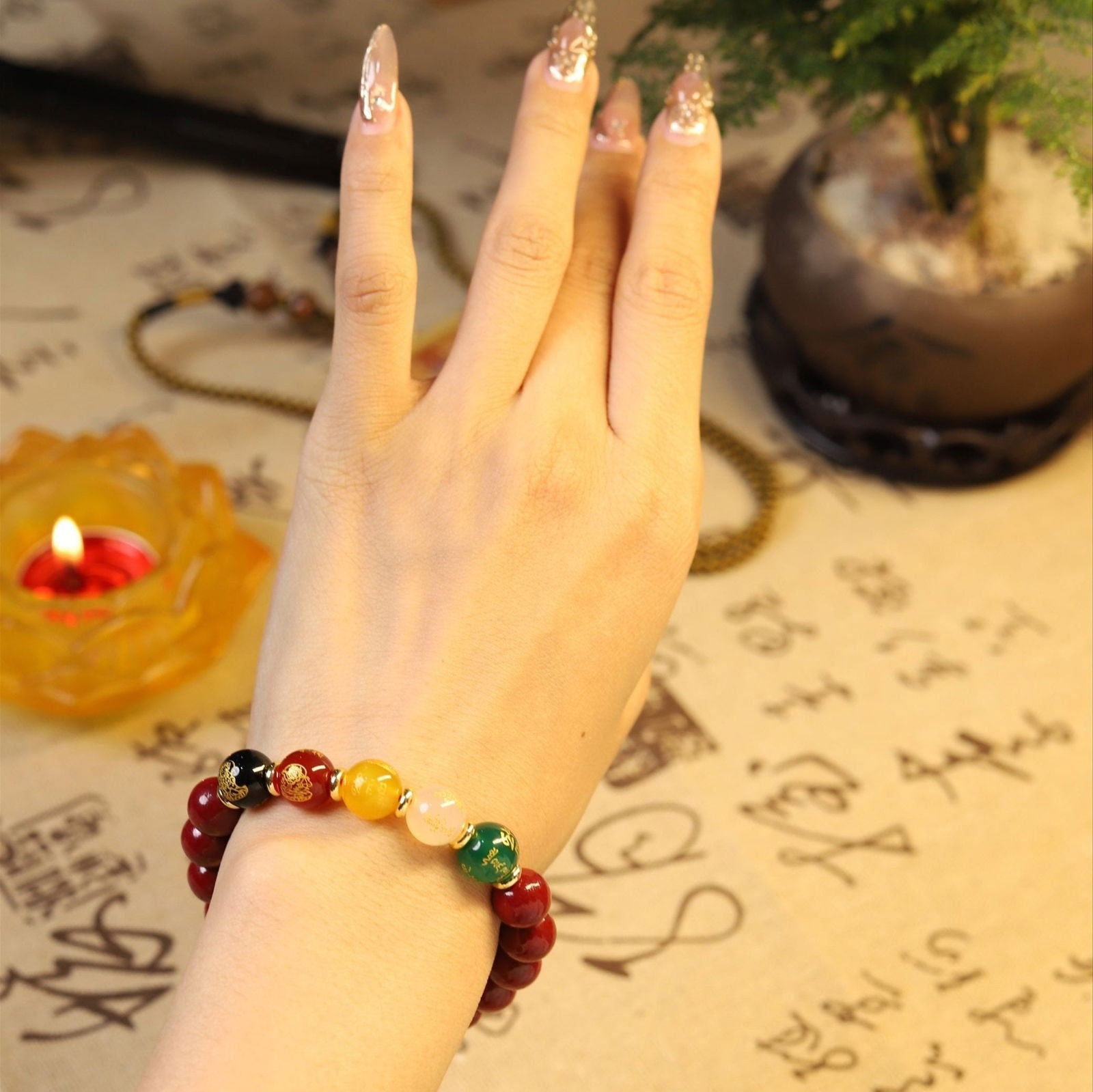 Thangka Buddha Five Directions Wealth Gods Cinnabar and Agate Bracelet for Prosperity - Thangka Buddha - 