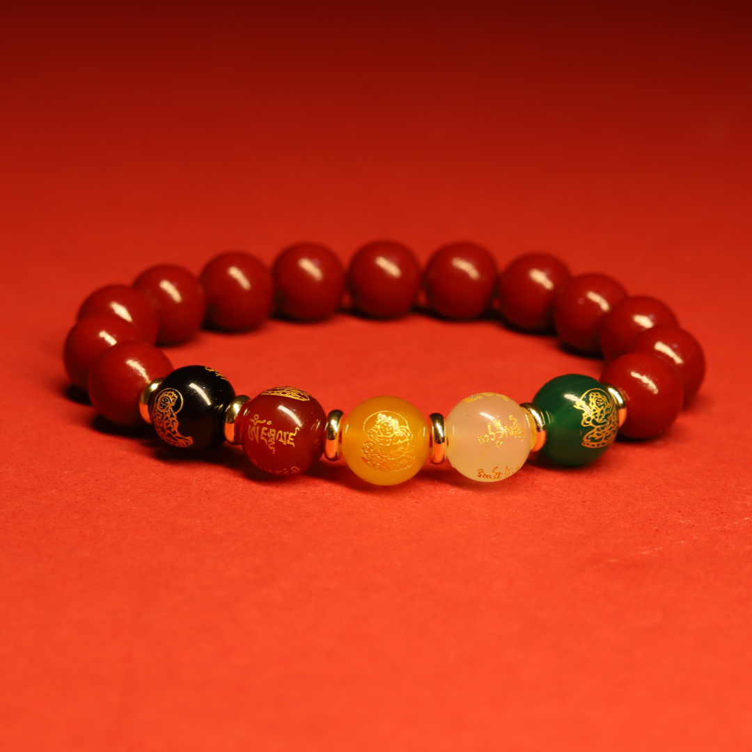 Thangka Buddha Five Directions Wealth Gods Cinnabar and Agate Bracelet for Prosperity - Thangka Buddha - Thangka Buddha