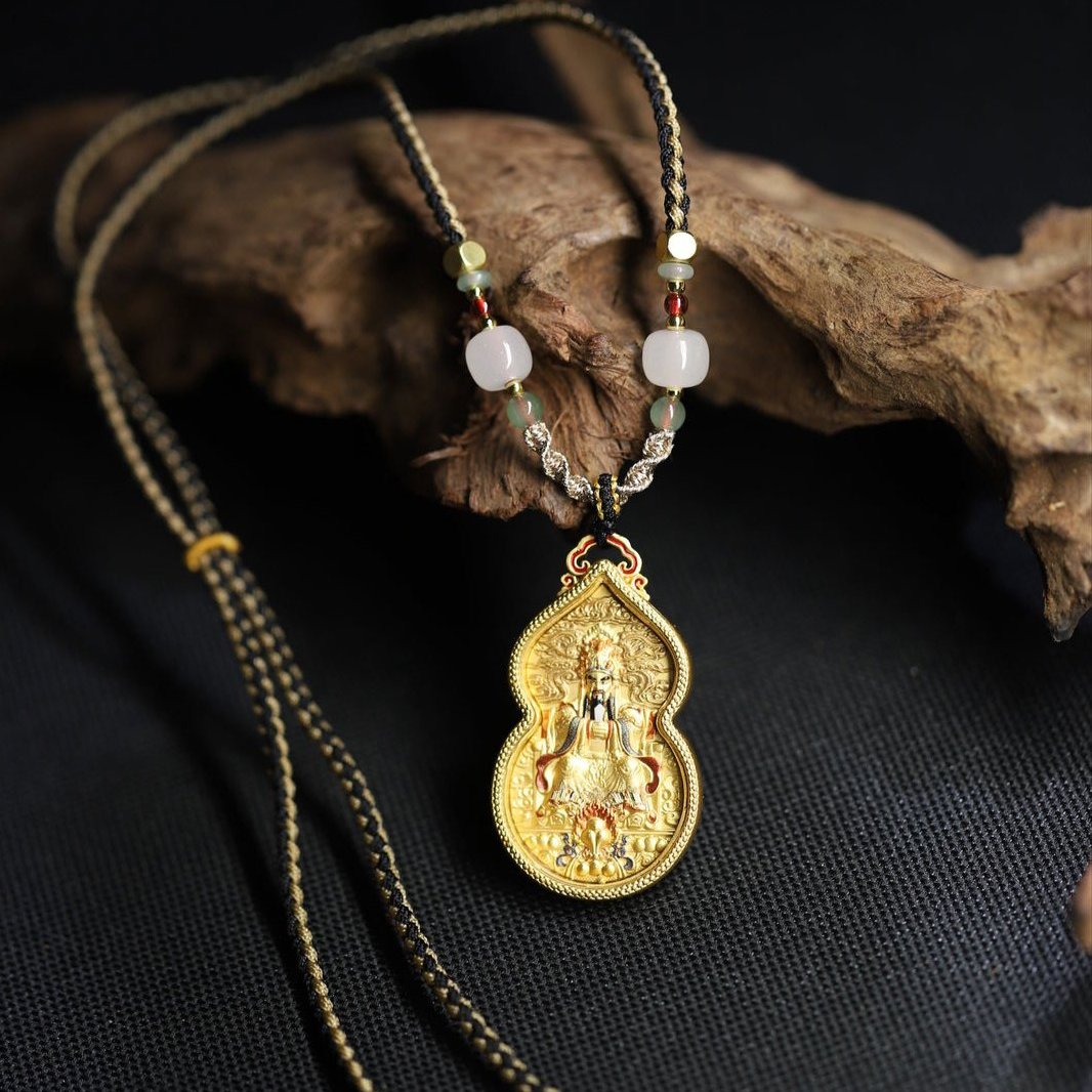 Thangka Buddha Golden WuYe Gourd Pendant - Divine Protector and Wealth Magnet - Thangka Buddha - 