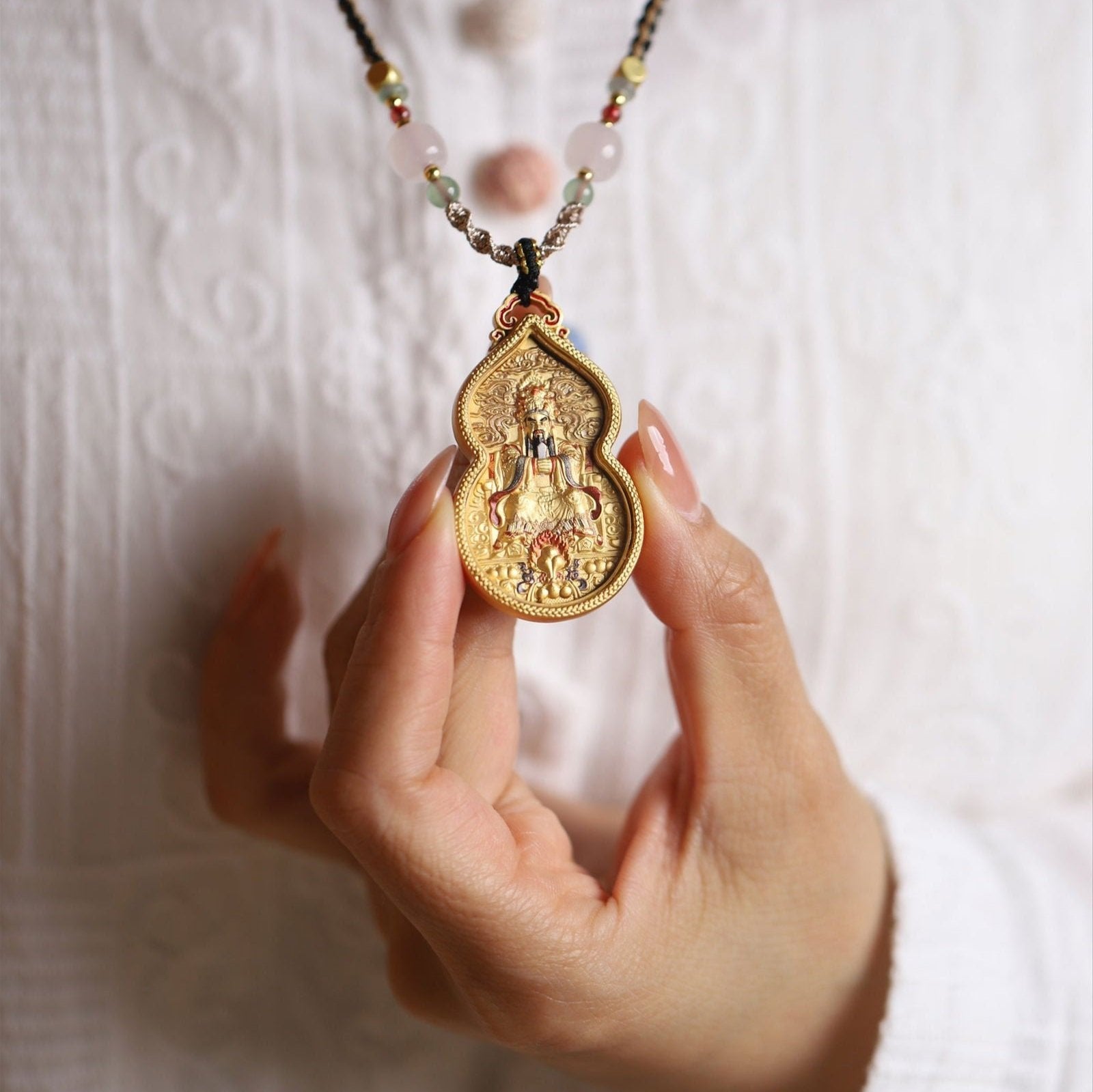 Thangka Buddha Golden WuYe Gourd Pendant - Divine Protector and Wealth Magnet - Thangka Buddha - 