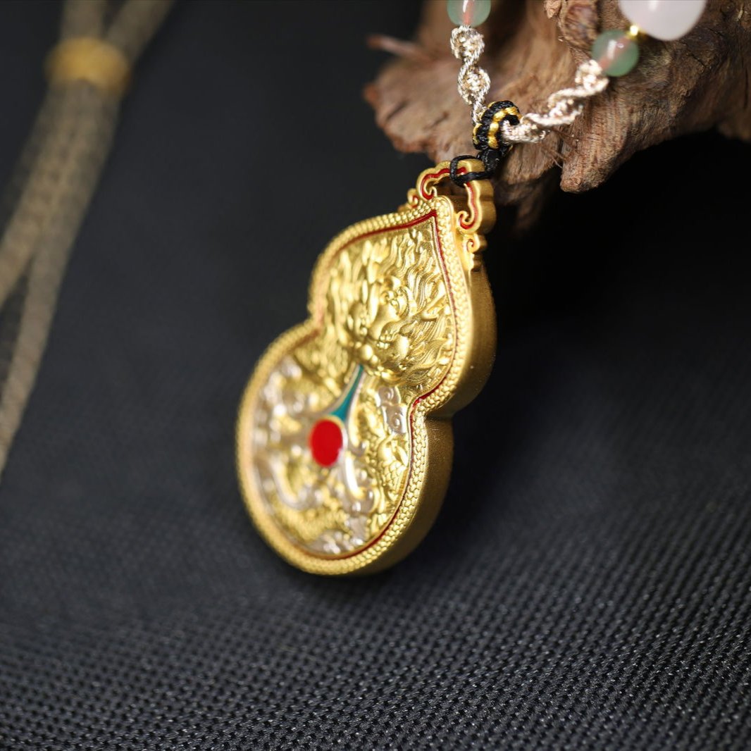 Thangka Buddha Golden WuYe Gourd Pendant - Divine Protector and Wealth Magnet - Thangka Buddha - 