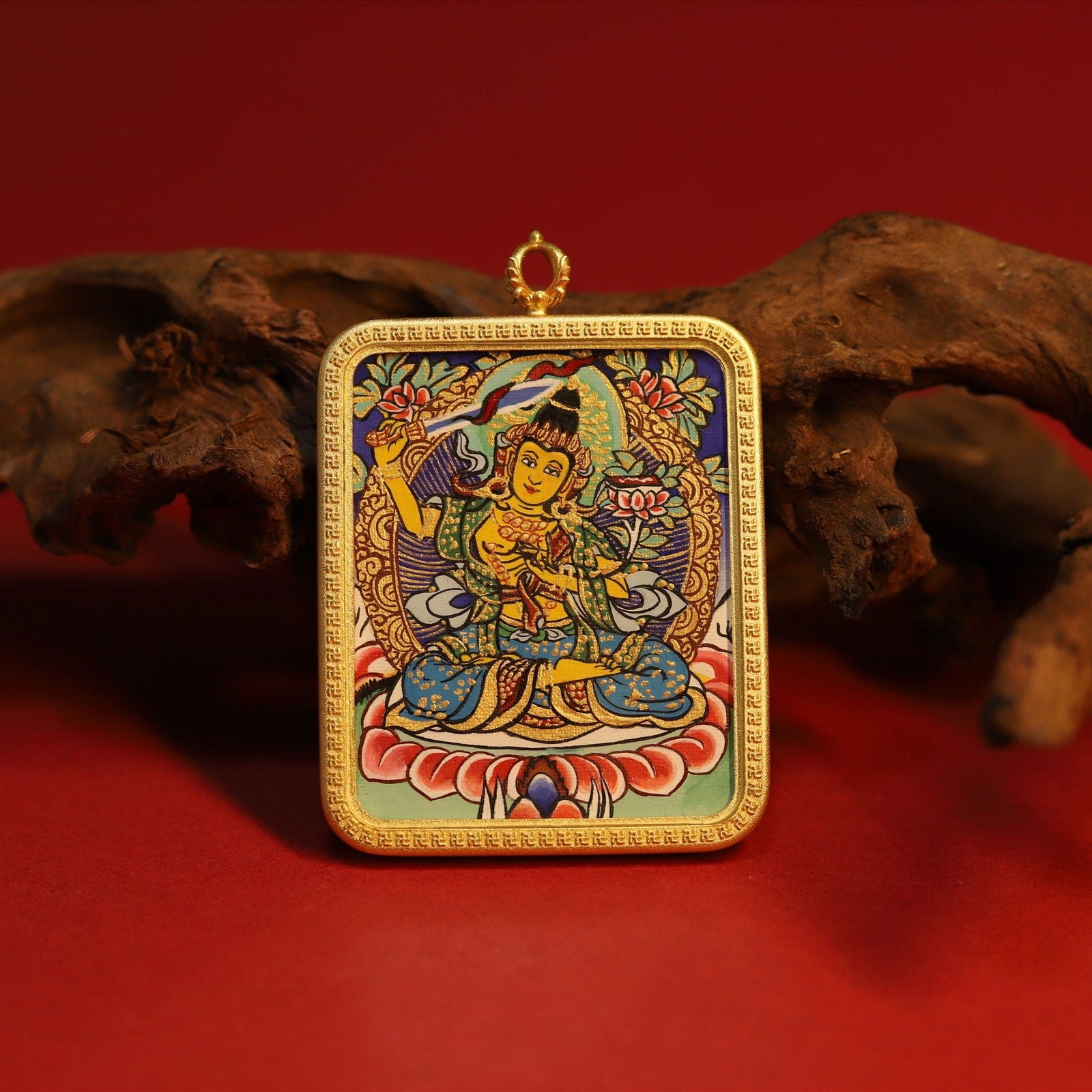 Thangka Buddha Hand-Painted Wisdom and Enlightenment Manjushri Square Thangka - Thangka Buddha - Thangka Buddha