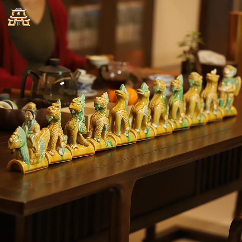 Thangka Buddha Imperial Ridge Beasts: Handcrafted Glass Roof-Ridge Ornament Set - Thangka Buddha - 