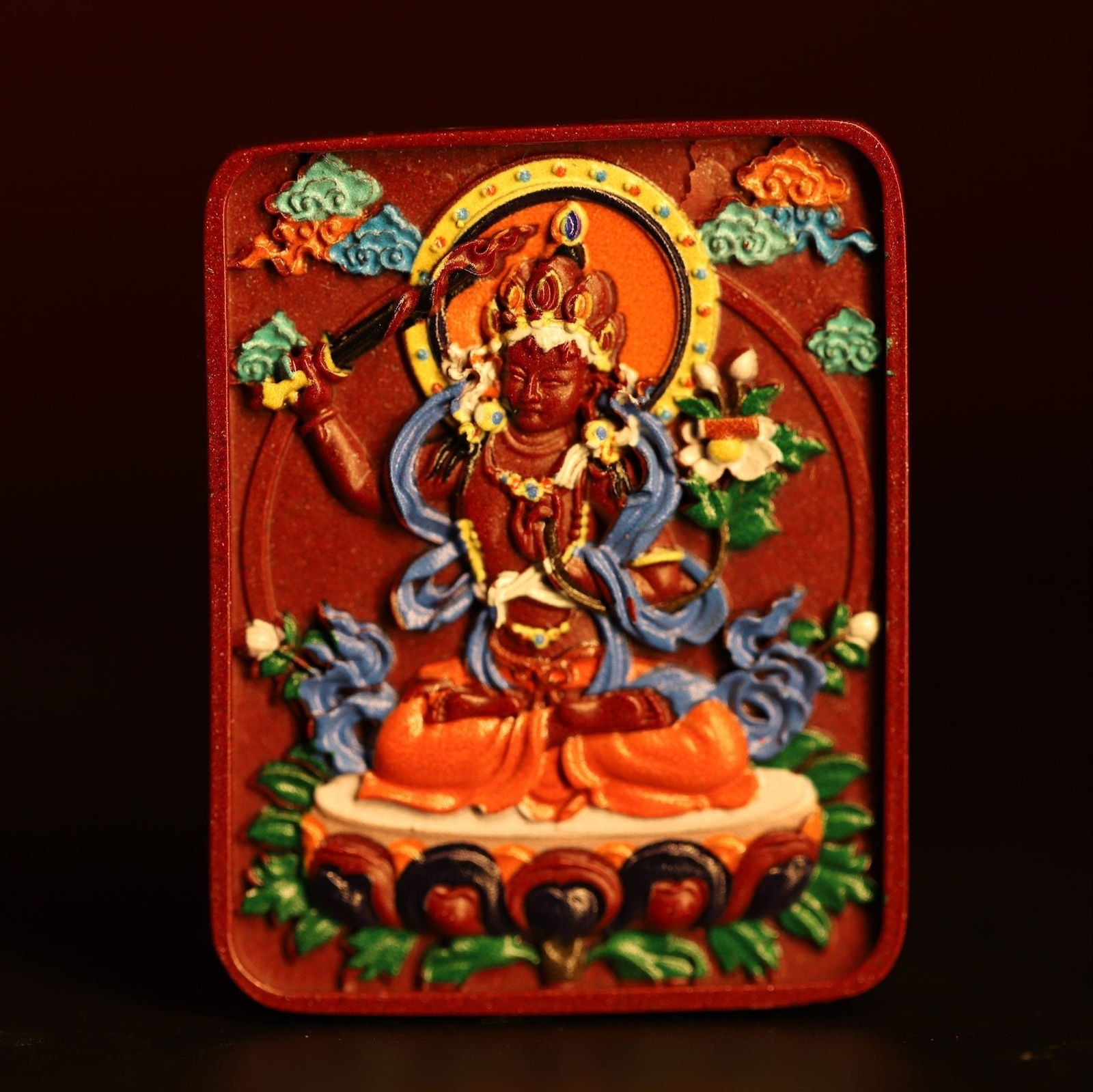 Thangka Buddha Manjushri Bodhisattva Cinnabar Pendant Necklace – Wisdom and Prosperity Talisman - Thangka Buddha - 