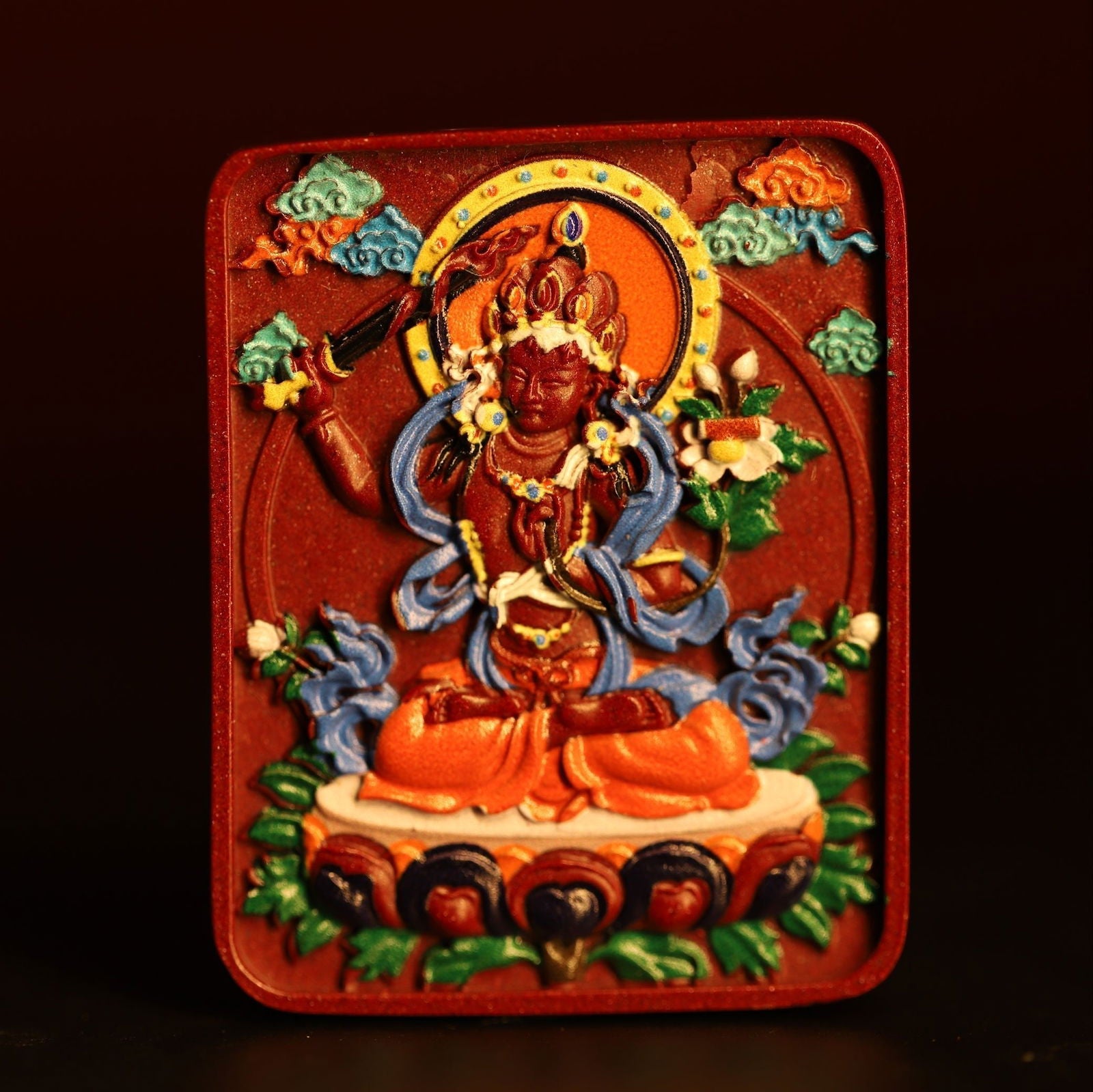 Thangka Buddha Manjushri Bodhisattva Cinnabar Pendant Necklace – Wisdom and Prosperity Talisman - Thangka Buddha - Thangka Buddha