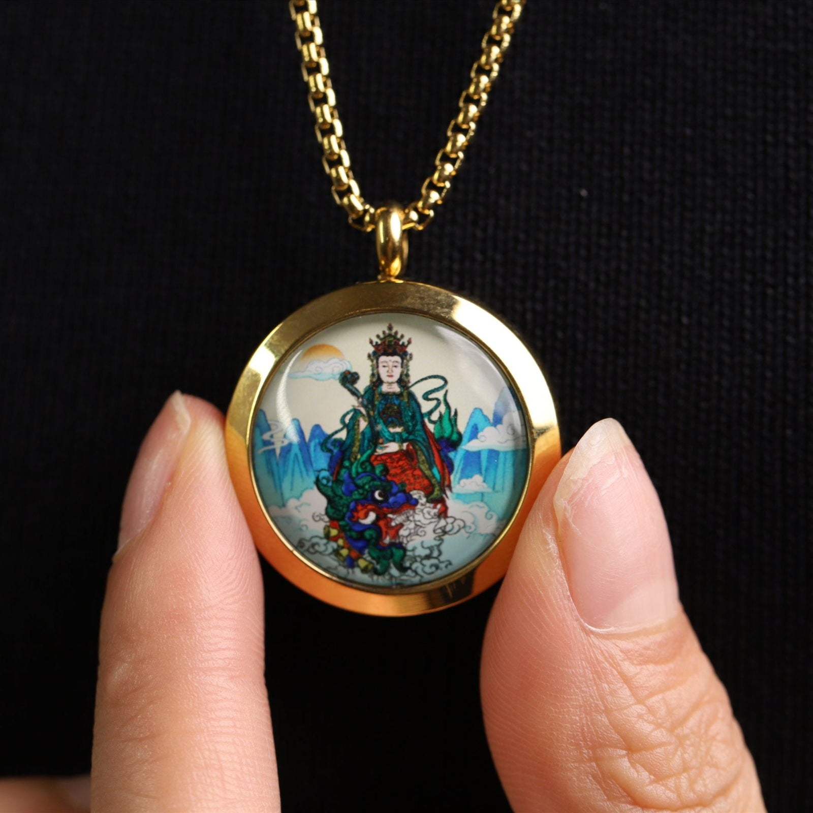 Thangka Buddha Manjushri Wisdom Pendant Necklace with Iconic Wutai Mountain Pagoda - Thangka Buddha - 