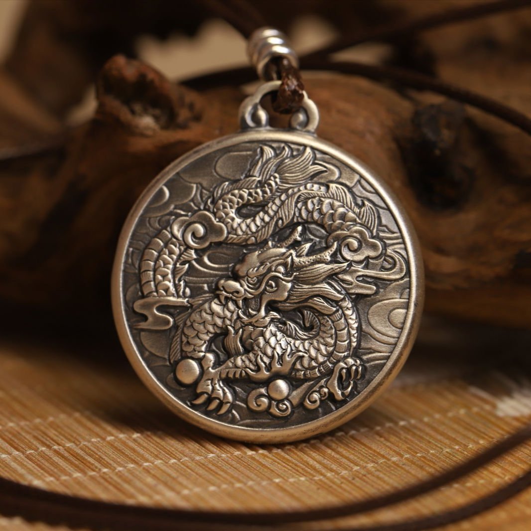 Thangka Buddha Silver Dragon Circle Pendant - Symbol of Power and Prosperity - Thangka Buddha - Thangka Buddha