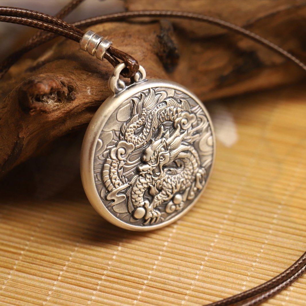 Thangka Buddha Silver Dragon Circle Pendant - Symbol of Power and Prosperity - Thangka Buddha - 