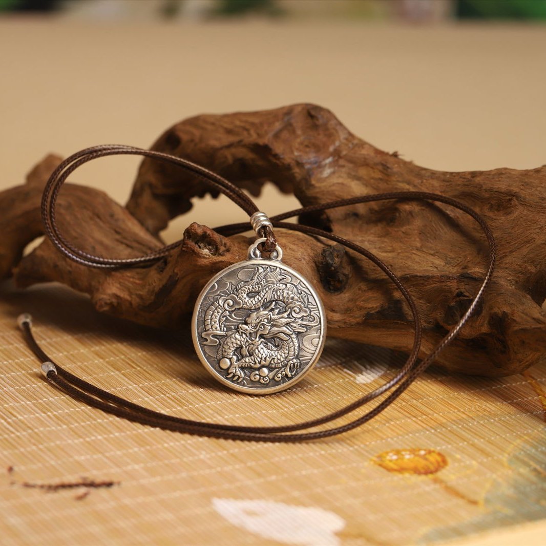 Thangka Buddha Silver Dragon Circle Pendant - Symbol of Power and Prosperity - Thangka Buddha - 