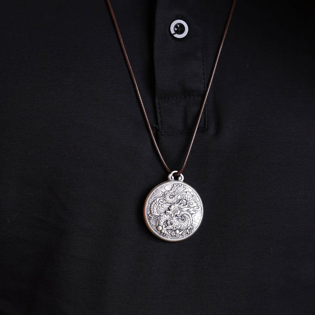 Thangka Buddha Silver Dragon Circle Pendant - Symbol of Power and Prosperity - Thangka Buddha - 