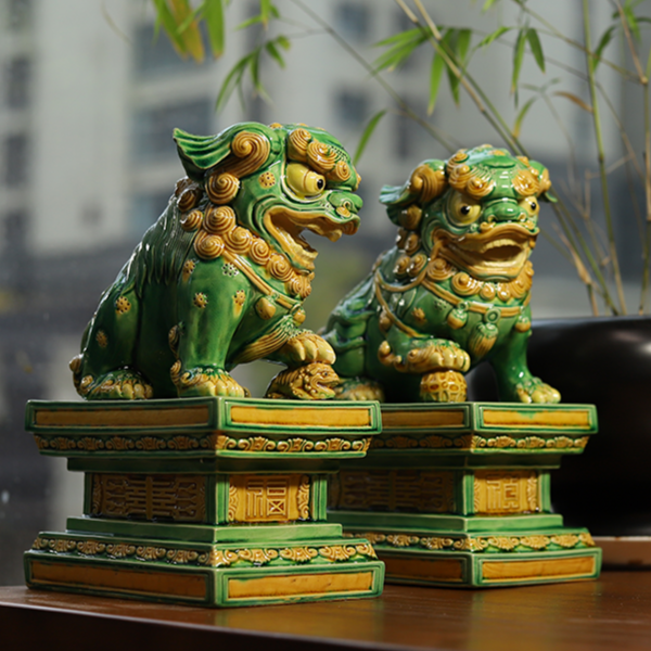 hangka Buddha Handcrafted Liuli Green Lions(L) - A Symbol of Wisdom and Protection - Thangka Buddha - 